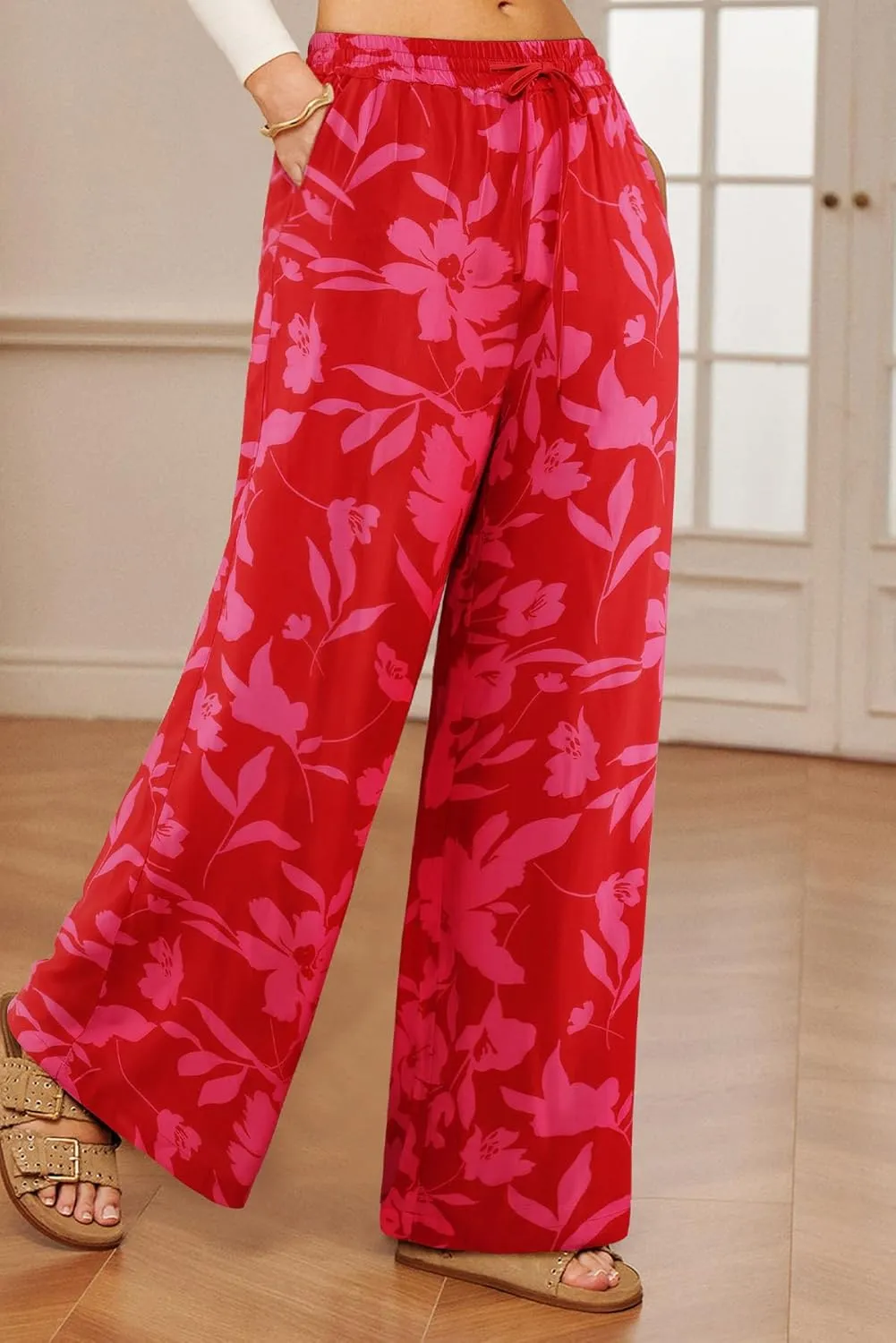 NIMIN Women Wide Leg Palazzo Pants High Waisted Casual Flowy Lounge Pants Floral Solid Beach Trousers with Pockets