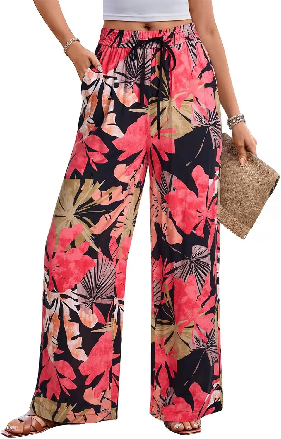 NIMIN Women Wide Leg Palazzo Pants High Waisted Casual Flowy Lounge Pants Floral Solid Beach Trousers with Pockets