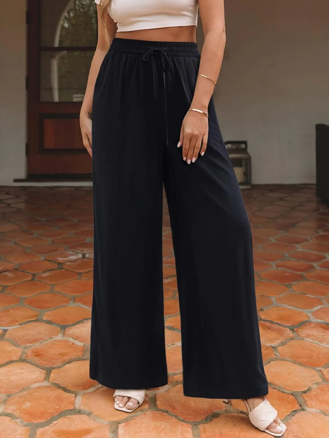NIMIN Women Wide Leg Palazzo Pants High Waisted Casual Flowy Lounge Pants Floral Solid Beach Trousers with Pockets