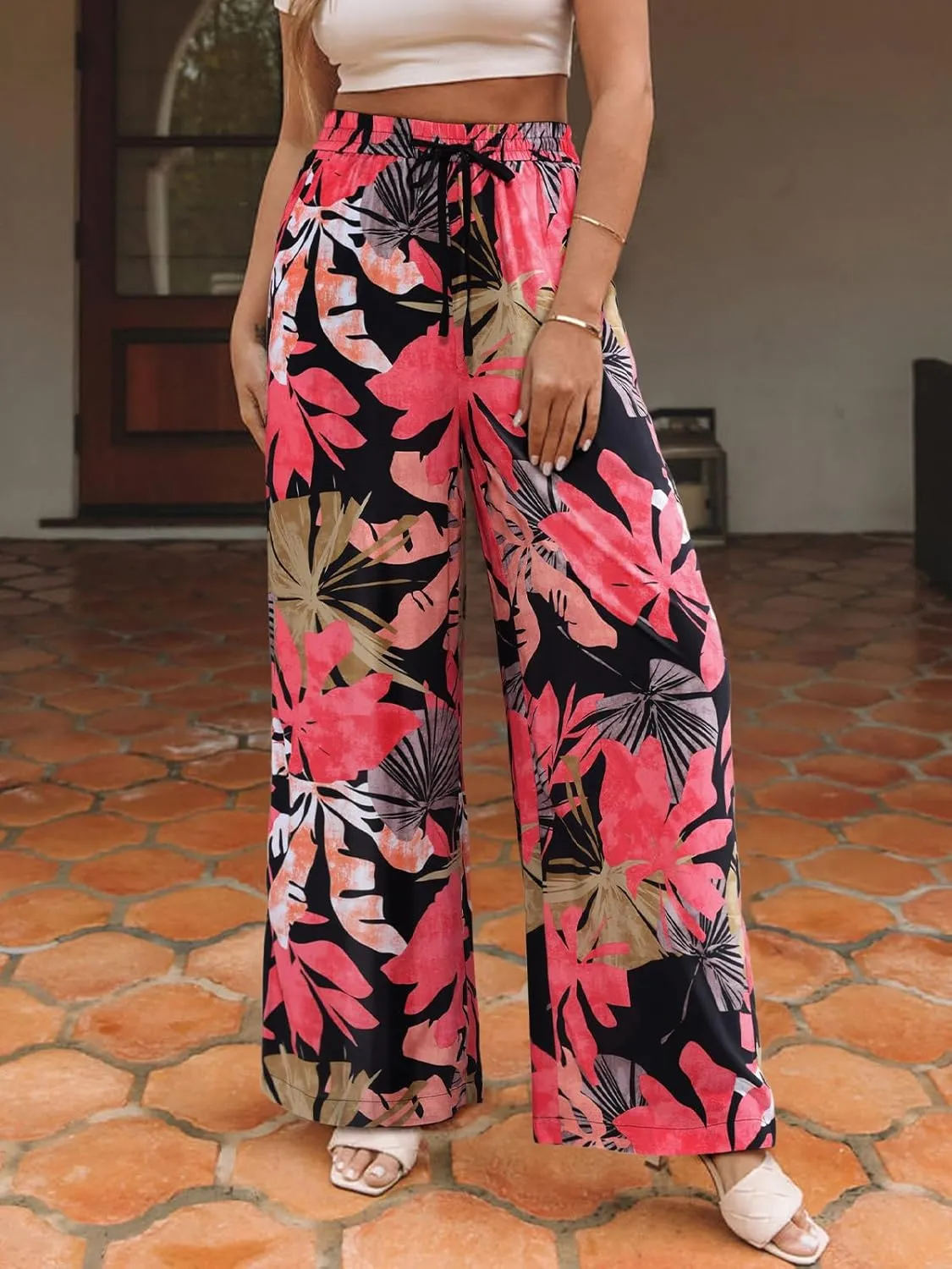 NIMIN Women Wide Leg Palazzo Pants High Waisted Casual Flowy Lounge Pants Floral Solid Beach Trousers with Pockets