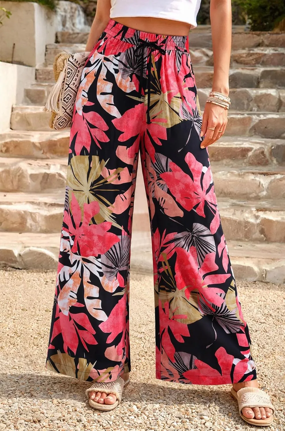 NIMIN Women Wide Leg Palazzo Pants High Waisted Casual Flowy Lounge Pants Floral Solid Beach Trousers with Pockets