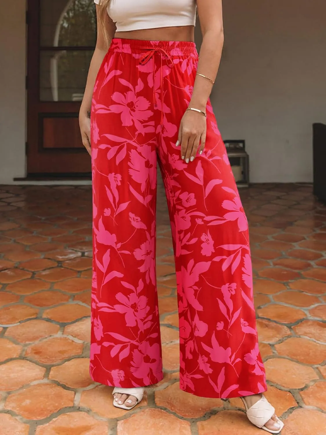 NIMIN Women Wide Leg Palazzo Pants High Waisted Casual Flowy Lounge Pants Floral Solid Beach Trousers with Pockets