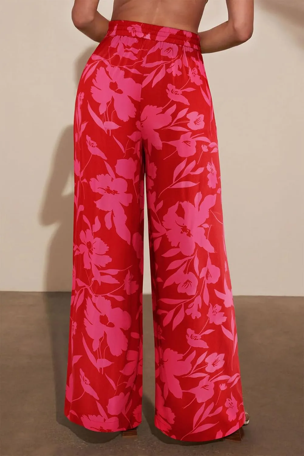 NIMIN Women Wide Leg Palazzo Pants High Waisted Casual Flowy Lounge Pants Floral Solid Beach Trousers with Pockets
