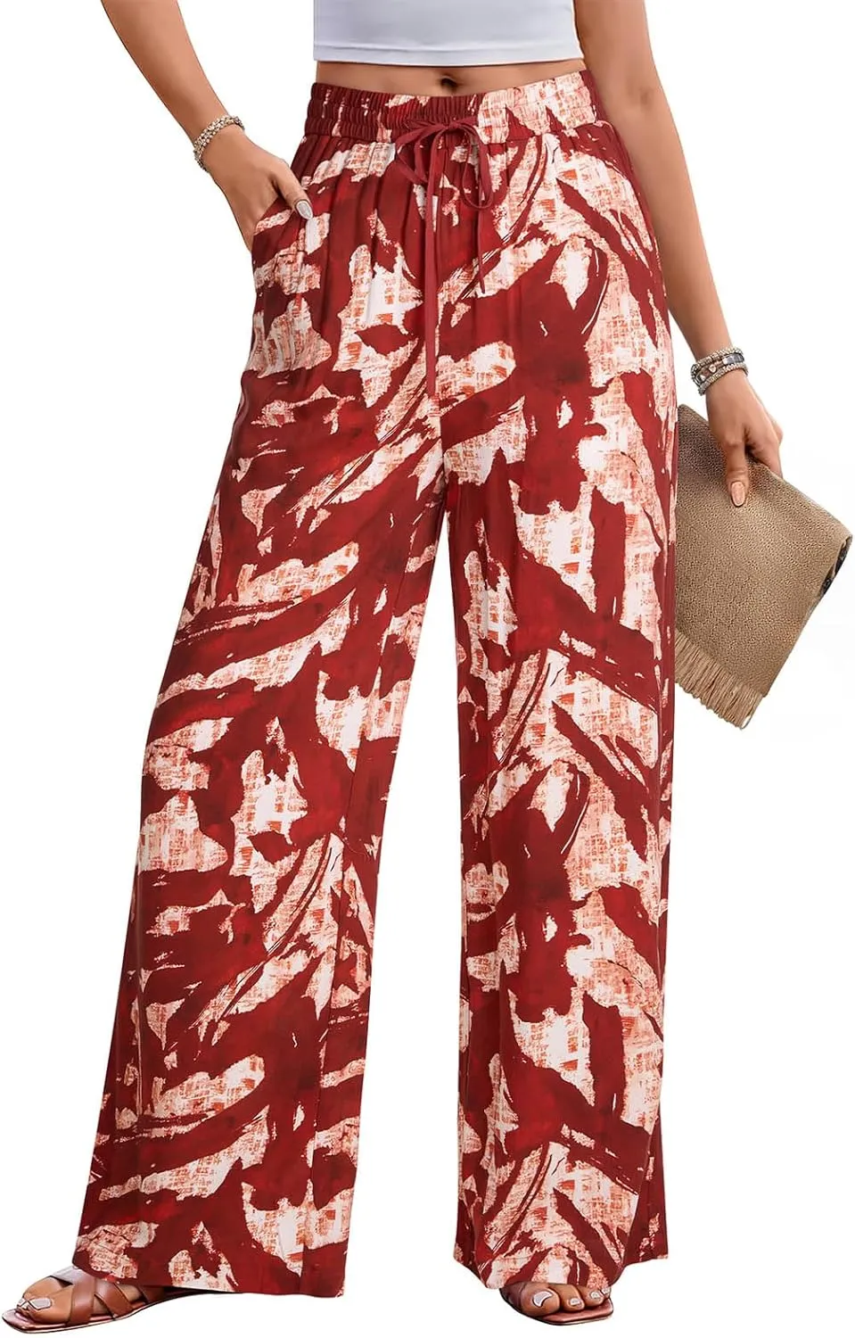 NIMIN Women Wide Leg Palazzo Pants High Waisted Casual Flowy Lounge Pants Floral Solid Beach Trousers with Pockets