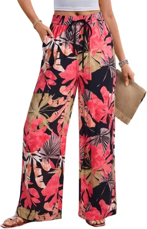 NIMIN Women Wide Leg Palazzo Pants High Waisted Casual Flowy Lounge Pants Floral Solid Beach Trousers with Pockets