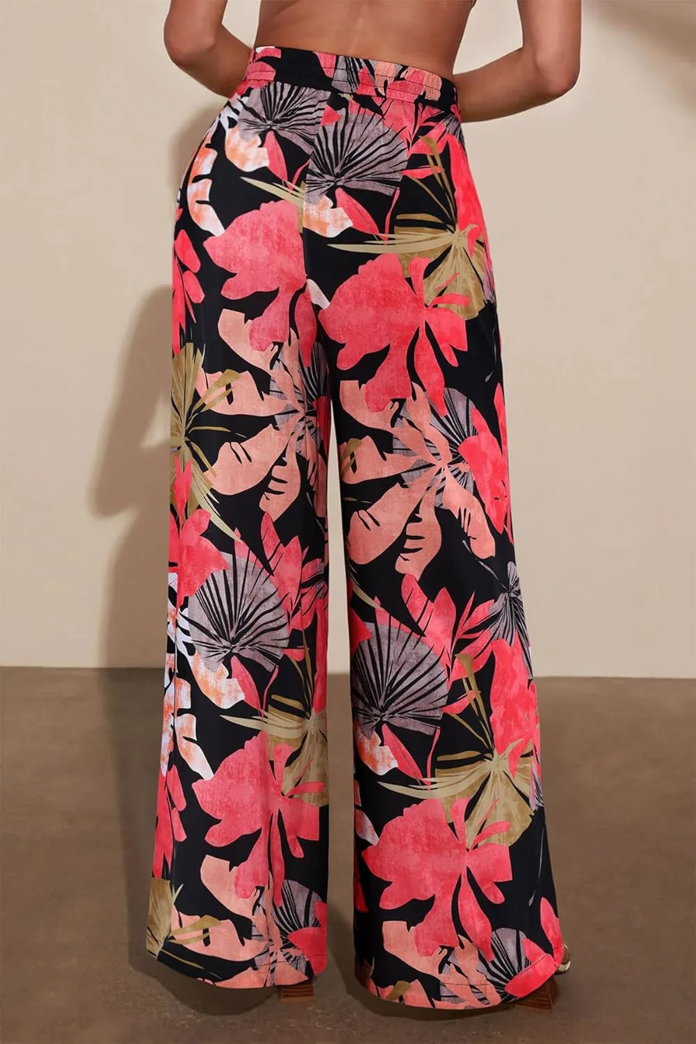 NIMIN Women Wide Leg Palazzo Pants High Waisted Casual Flowy Lounge Pants Floral Solid Beach Trousers with Pockets