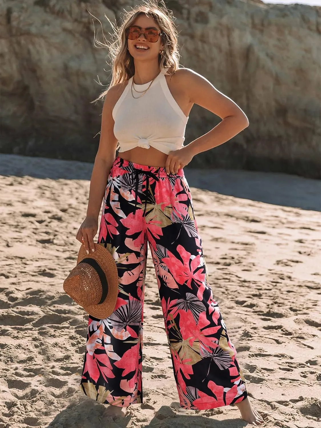 NIMIN Women Wide Leg Palazzo Pants High Waisted Casual Flowy Lounge Pants Floral Solid Beach Trousers with Pockets