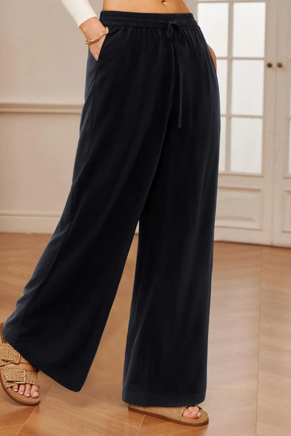 NIMIN Women Wide Leg Palazzo Pants High Waisted Casual Flowy Lounge Pants Floral Solid Beach Trousers with Pockets