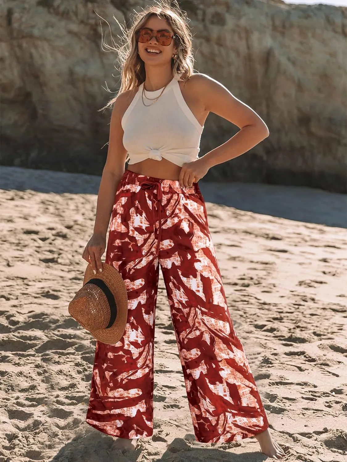 NIMIN Women Wide Leg Palazzo Pants High Waisted Casual Flowy Lounge Pants Floral Solid Beach Trousers with Pockets