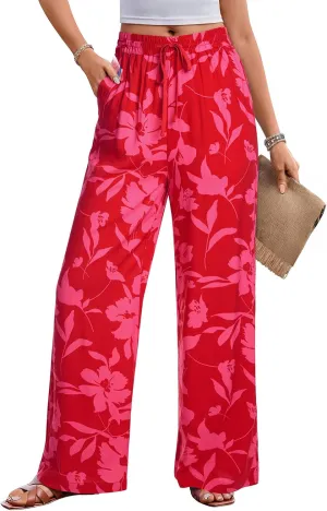 NIMIN Women Wide Leg Palazzo Pants High Waisted Casual Flowy Lounge Pants Floral Solid Beach Trousers with Pockets