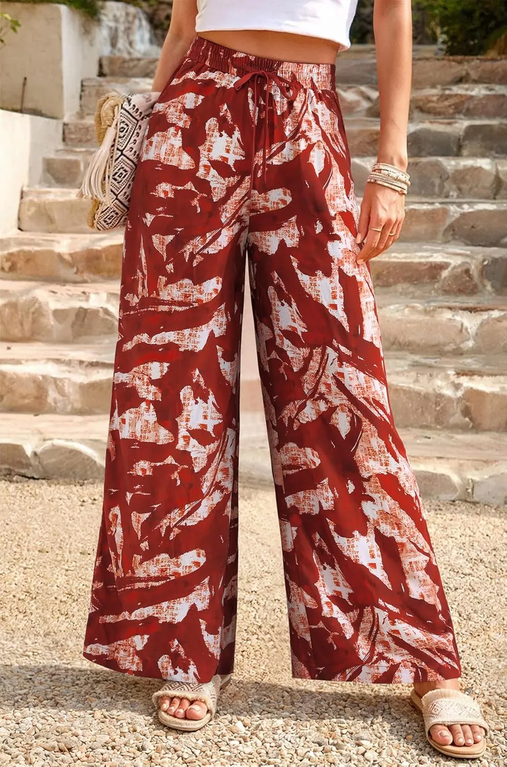 NIMIN Women Wide Leg Palazzo Pants High Waisted Casual Flowy Lounge Pants Floral Solid Beach Trousers with Pockets