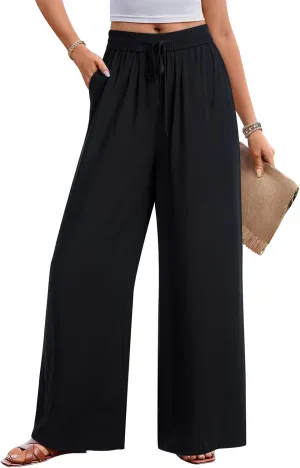 NIMIN Women Wide Leg Palazzo Pants High Waisted Casual Flowy Lounge Pants Floral Solid Beach Trousers with Pockets