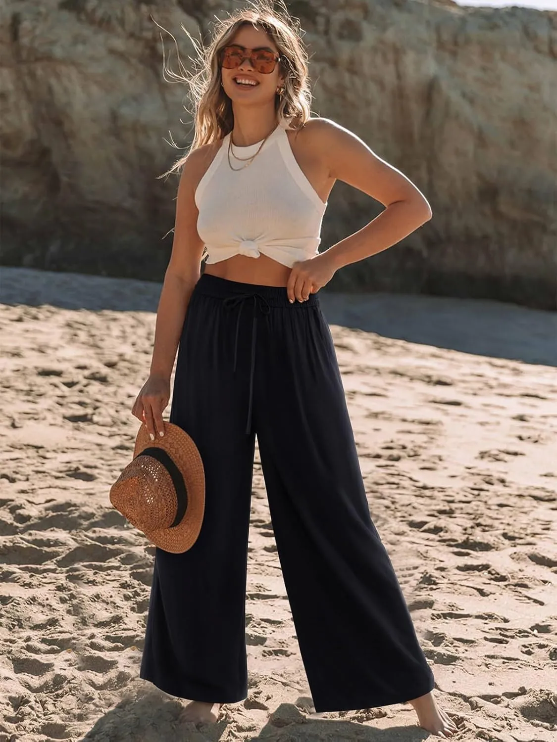 NIMIN Women Wide Leg Palazzo Pants High Waisted Casual Flowy Lounge Pants Floral Solid Beach Trousers with Pockets