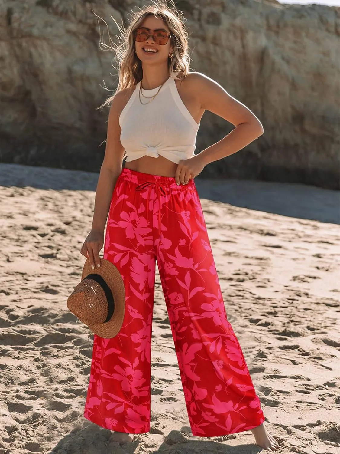 NIMIN Women Wide Leg Palazzo Pants High Waisted Casual Flowy Lounge Pants Floral Solid Beach Trousers with Pockets