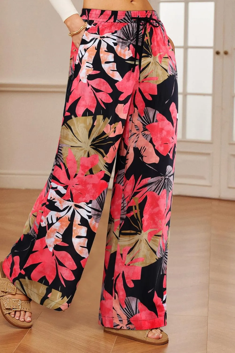 NIMIN Women Wide Leg Palazzo Pants High Waisted Casual Flowy Lounge Pants Floral Solid Beach Trousers with Pockets