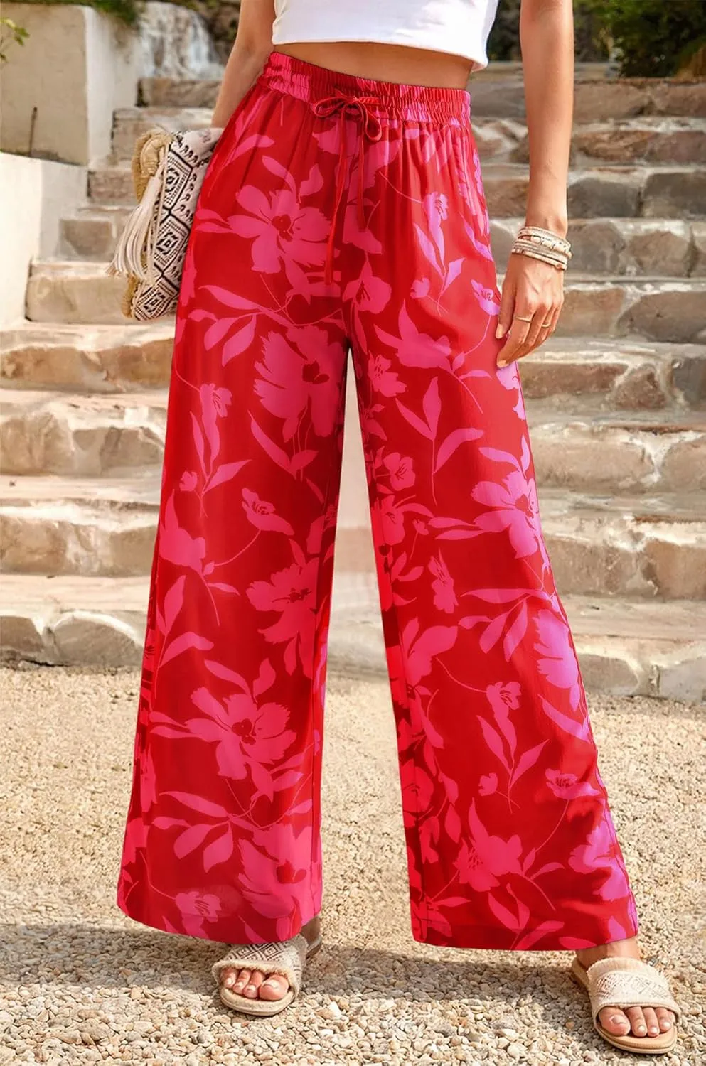 NIMIN Women Wide Leg Palazzo Pants High Waisted Casual Flowy Lounge Pants Floral Solid Beach Trousers with Pockets