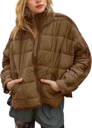 Omoone Women's Quilted Puffer Jacket Zip Up Oversized Lightweight Padded Down Coat Outerwear