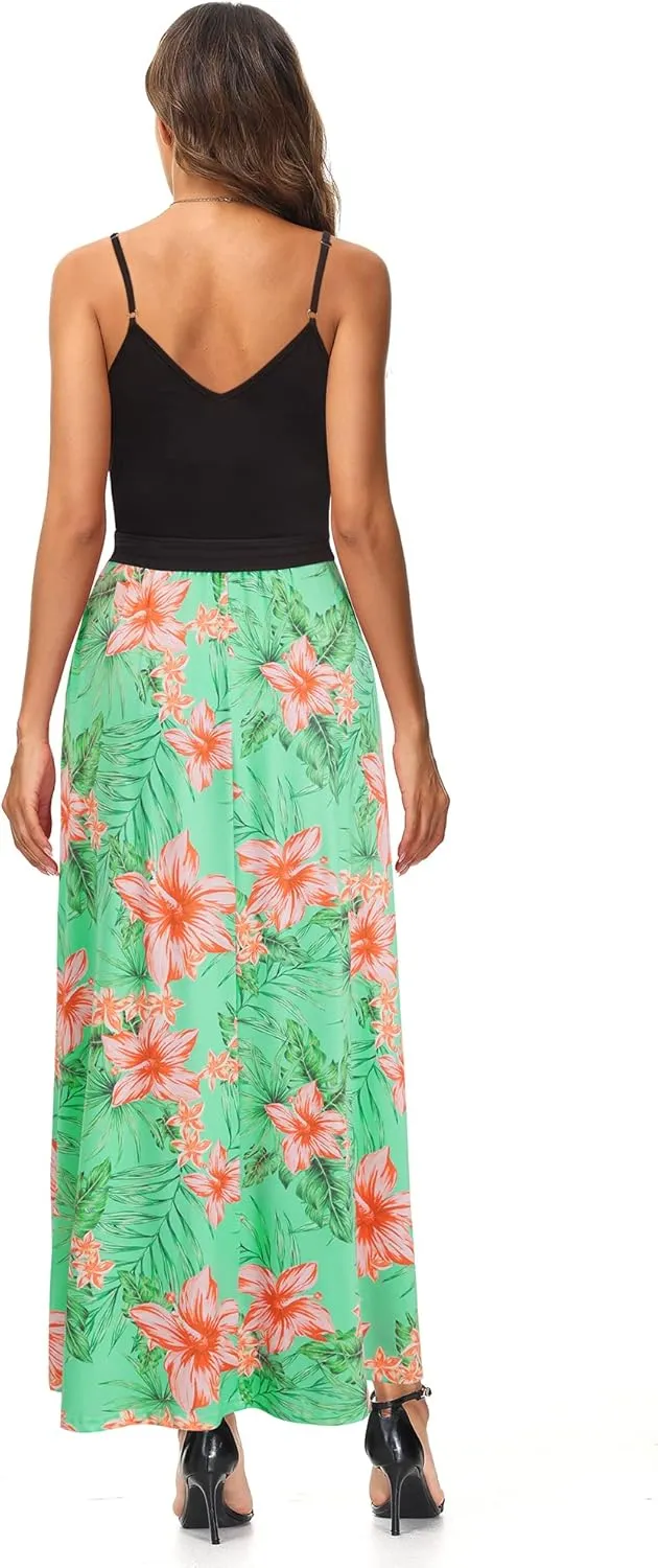 OUGES Womens Summer Maxi Dress V Neck Floral Adjustable Spaghetti Strap Beach Dresses with Pockets