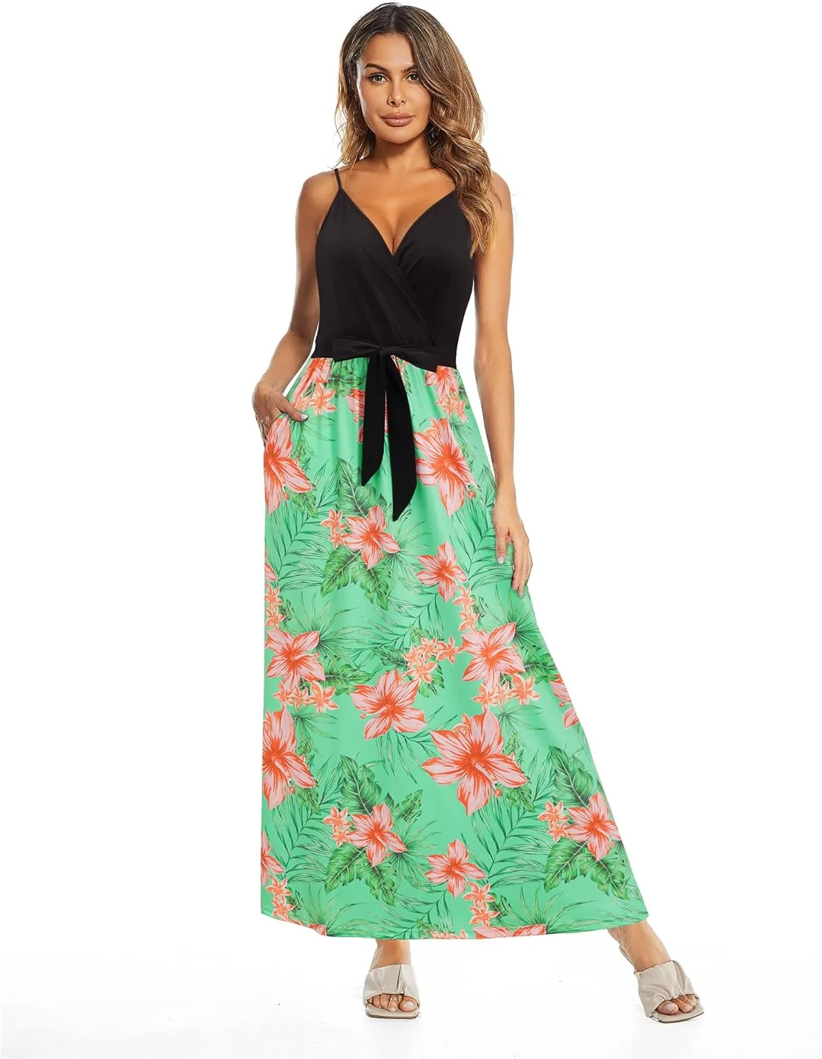 OUGES Womens Summer Maxi Dress V Neck Floral Adjustable Spaghetti Strap Beach Dresses with Pockets