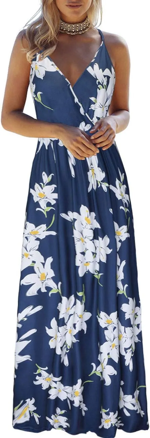 OUGES Womens Summer Maxi Dress V Neck Floral Adjustable Spaghetti Strap Beach Dresses with Pockets