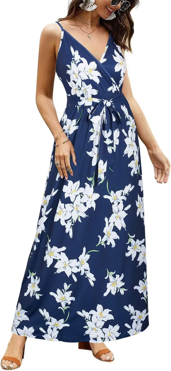 OUGES Womens Summer Maxi Dress V Neck Floral Adjustable Spaghetti Strap Beach Dresses with Pockets