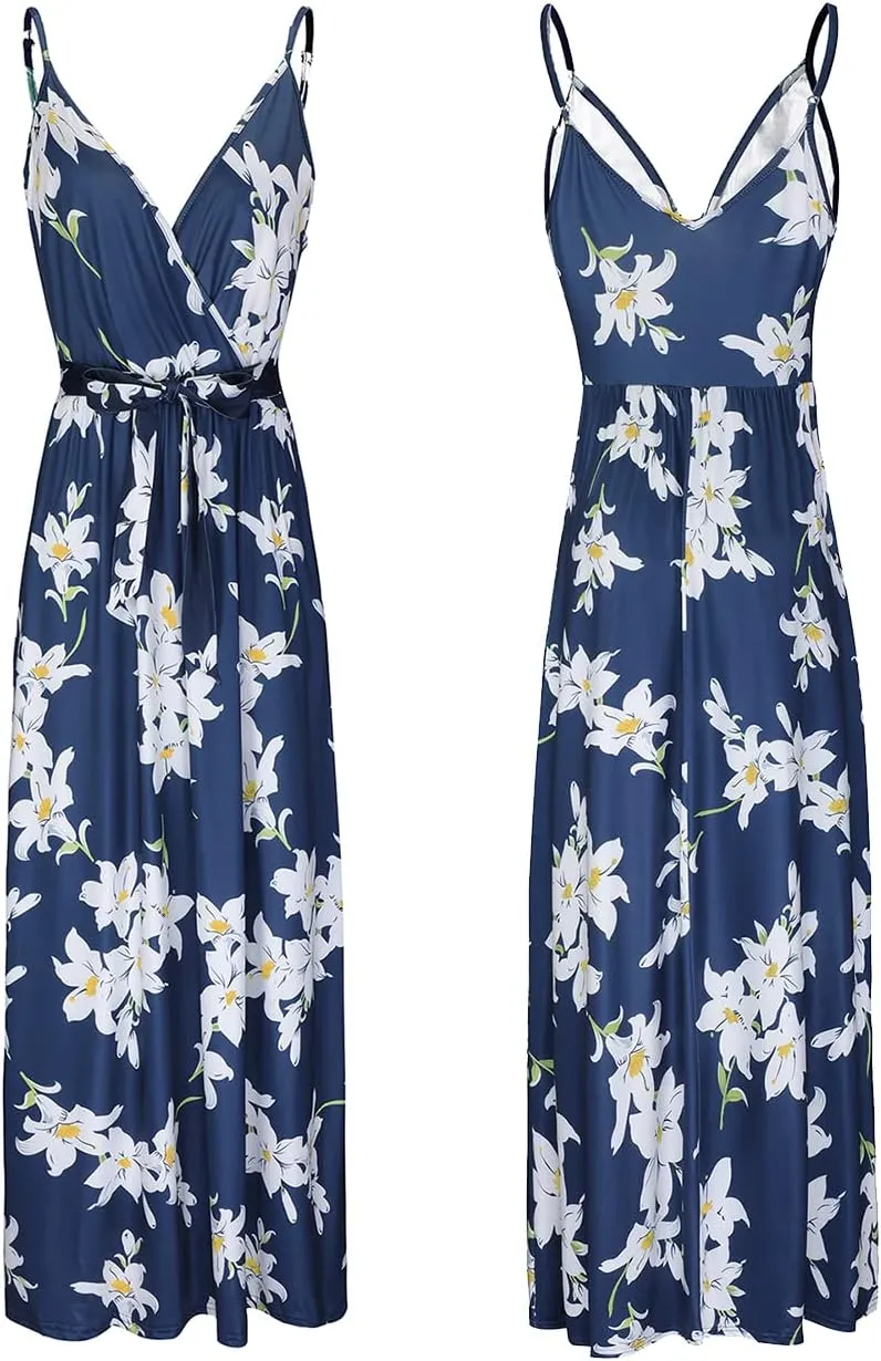 OUGES Womens Summer Maxi Dress V Neck Floral Adjustable Spaghetti Strap Beach Dresses with Pockets