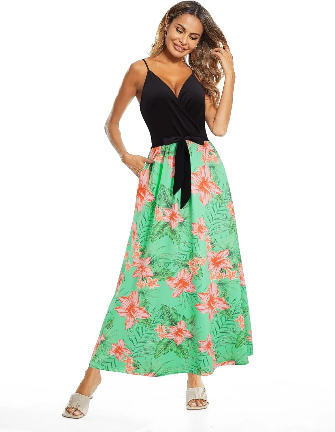 OUGES Womens Summer Maxi Dress V Neck Floral Adjustable Spaghetti Strap Beach Dresses with Pockets