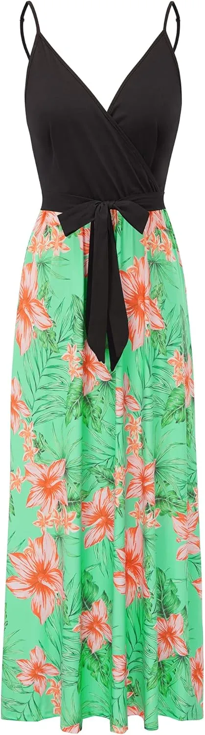 OUGES Womens Summer Maxi Dress V Neck Floral Adjustable Spaghetti Strap Beach Dresses with Pockets