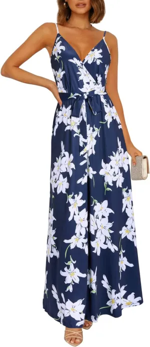 OUGES Womens Summer Maxi Dress V Neck Floral Adjustable Spaghetti Strap Beach Dresses with Pockets