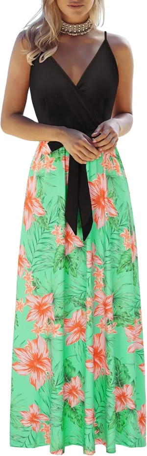 OUGES Womens Summer Maxi Dress V Neck Floral Adjustable Spaghetti Strap Beach Dresses with Pockets