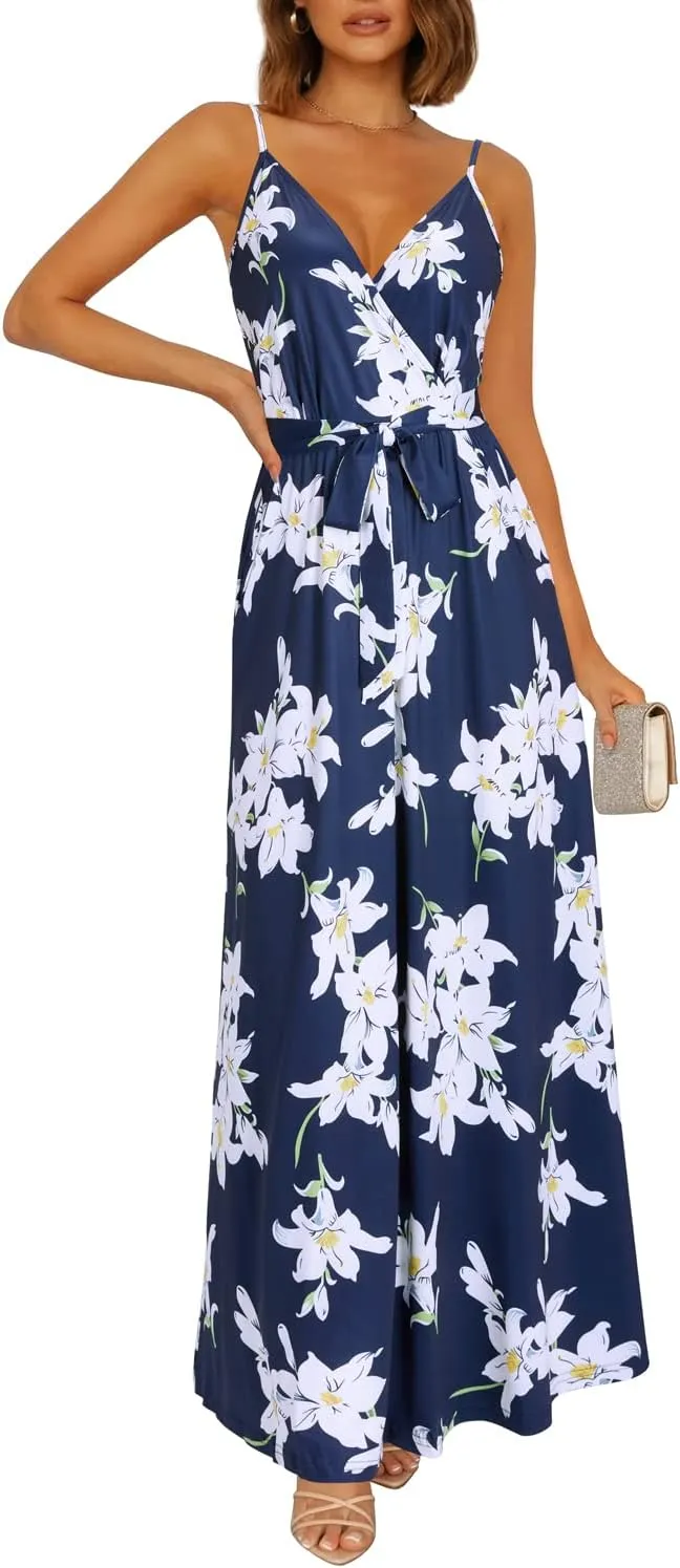 OUGES Womens Summer Maxi Dress V Neck Floral Adjustable Spaghetti Strap Beach Dresses with Pockets