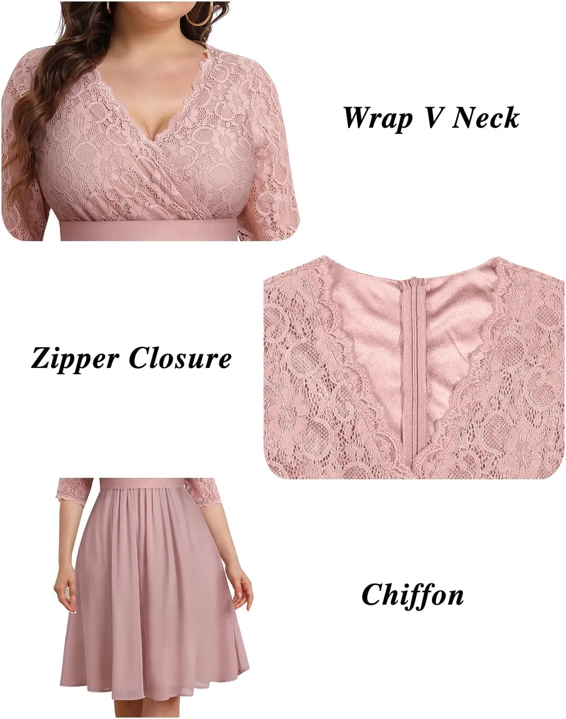 Pinup Fashion Plus Size Lace Chiffon Wrap V Neck Dresses Women Cocktail Wedding Guest Midi Dress