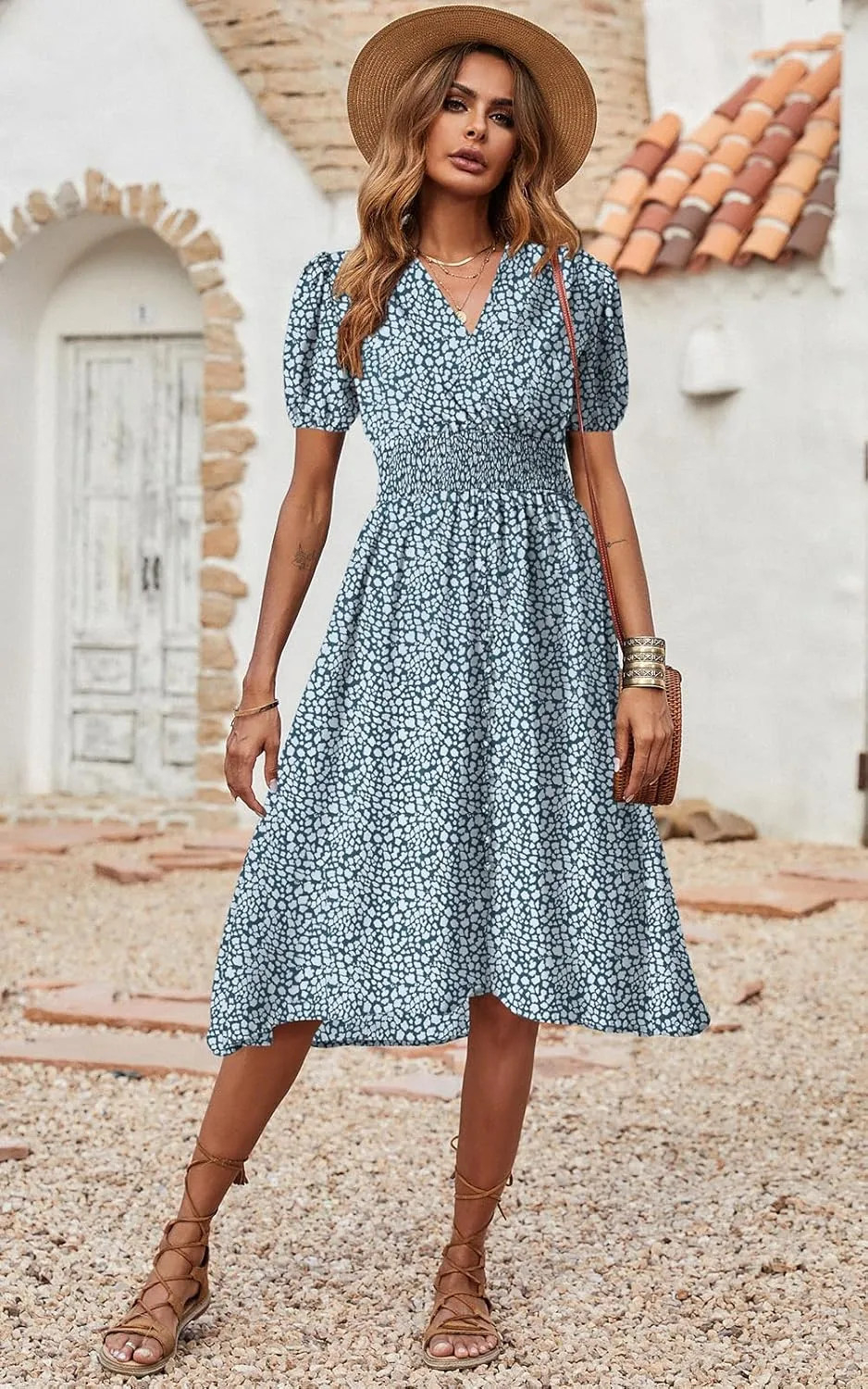 PRETTYGARDEN Women's Floral Wrap V-Neck Midi Dress Short Sleeve Boho Summer Beach Long Dress High Low Hem Smocked Dress Women