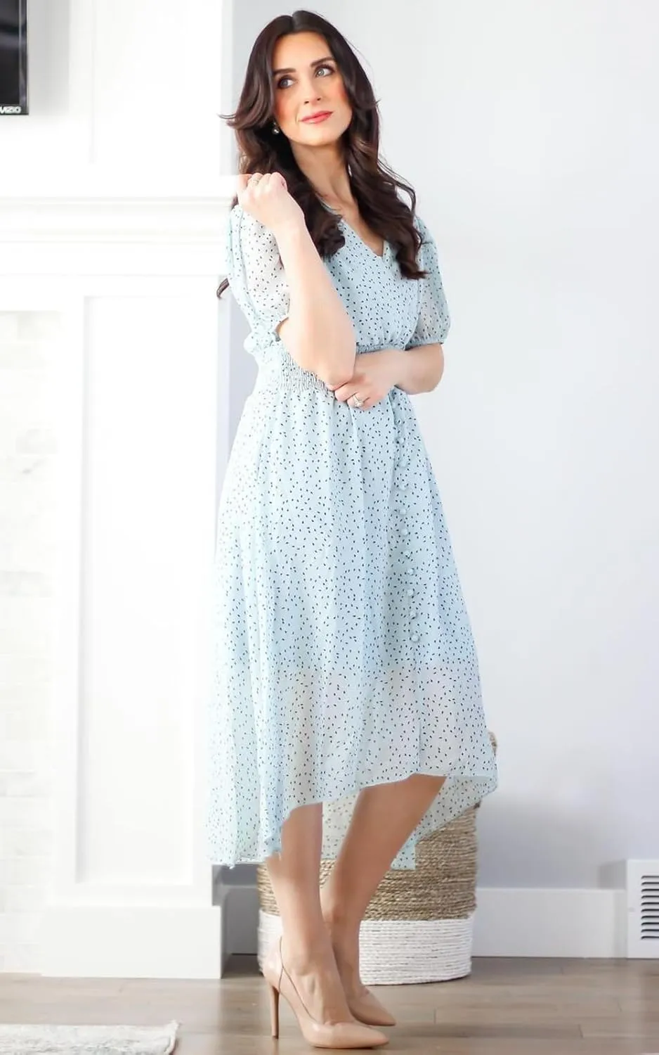 PRETTYGARDEN Women's Floral Wrap V-Neck Midi Dress Short Sleeve Boho Summer Beach Long Dress High Low Hem Smocked Dress Women