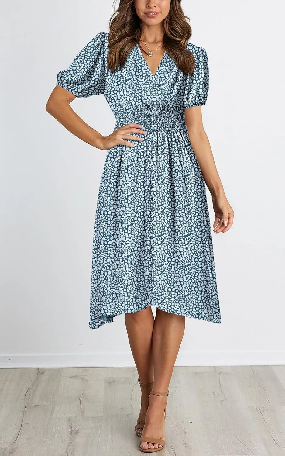 PRETTYGARDEN Women's Floral Wrap V-Neck Midi Dress Short Sleeve Boho Summer Beach Long Dress High Low Hem Smocked Dress Women