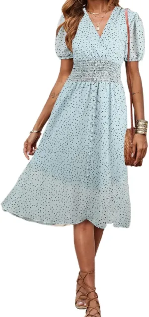PRETTYGARDEN Women's Floral Wrap V-Neck Midi Dress Short Sleeve Boho Summer Beach Long Dress High Low Hem Smocked Dress Women