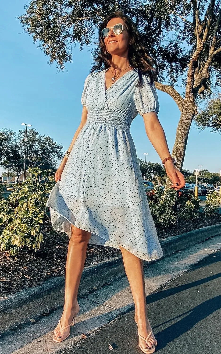 PRETTYGARDEN Women's Floral Wrap V-Neck Midi Dress Short Sleeve Boho Summer Beach Long Dress High Low Hem Smocked Dress Women