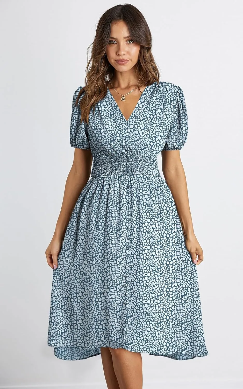 PRETTYGARDEN Women's Floral Wrap V-Neck Midi Dress Short Sleeve Boho Summer Beach Long Dress High Low Hem Smocked Dress Women