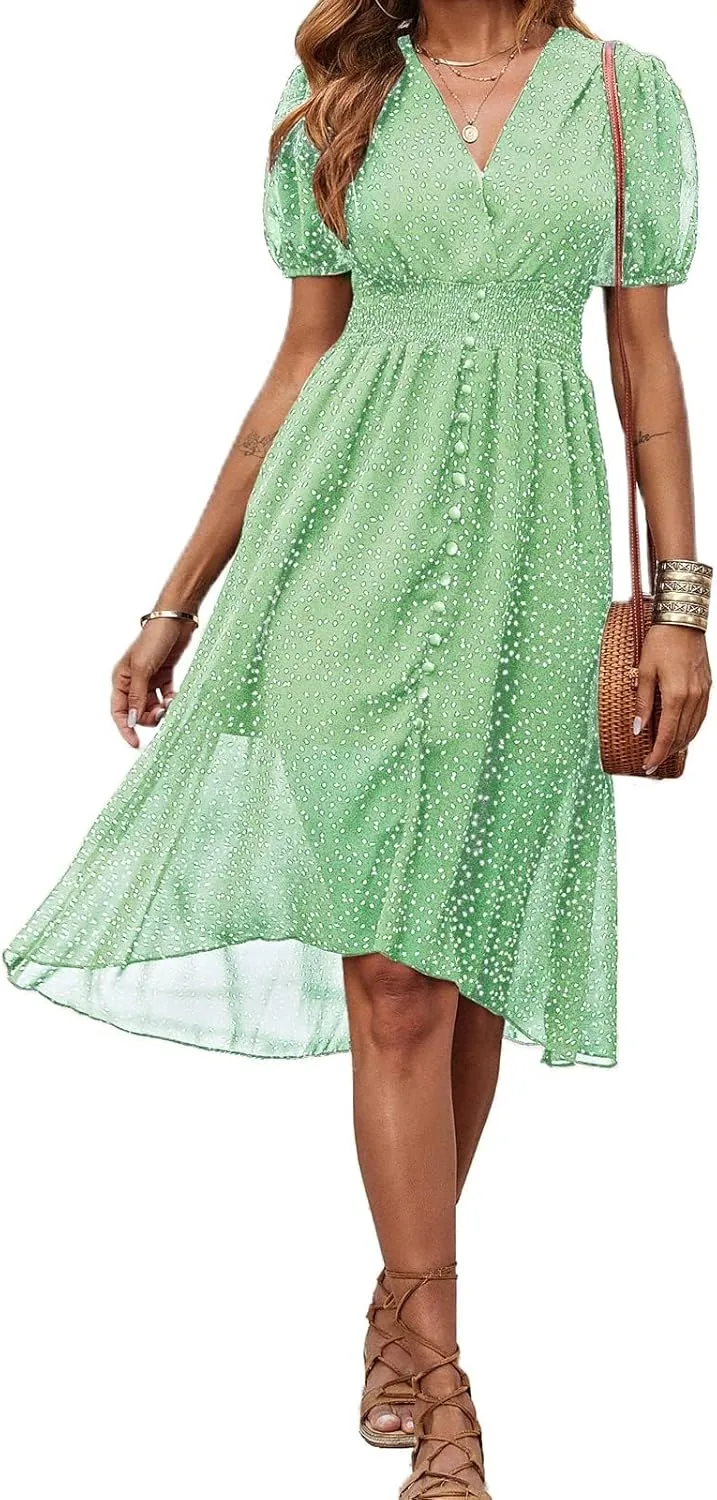 PRETTYGARDEN Women's Floral Wrap V-Neck Midi Dress Short Sleeve Boho Summer Beach Long Dress High Low Hem Smocked Dress Women