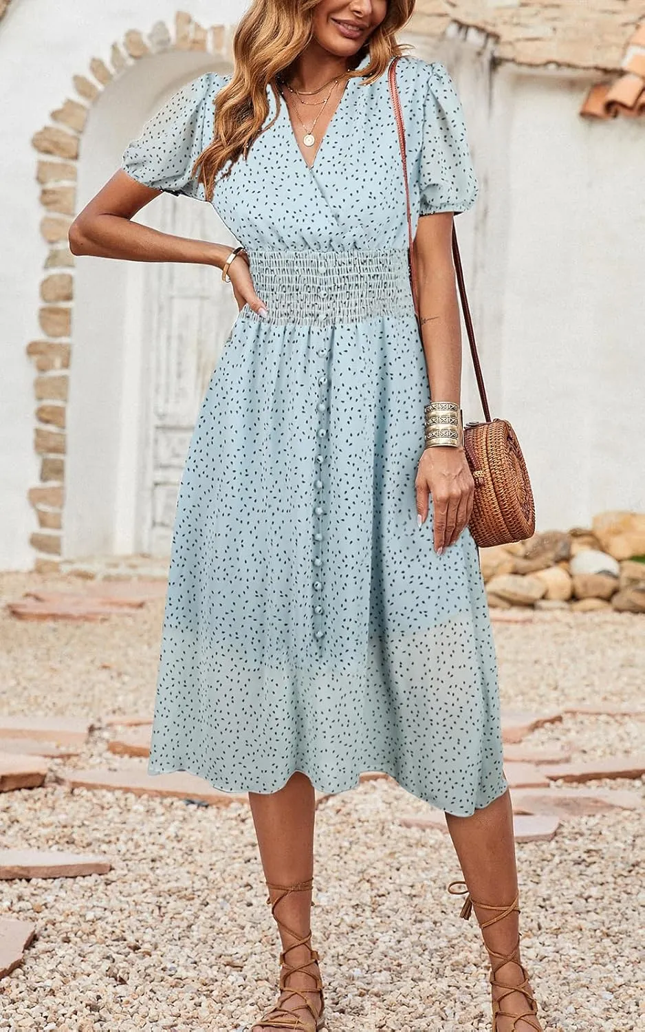 PRETTYGARDEN Women's Floral Wrap V-Neck Midi Dress Short Sleeve Boho Summer Beach Long Dress High Low Hem Smocked Dress Women