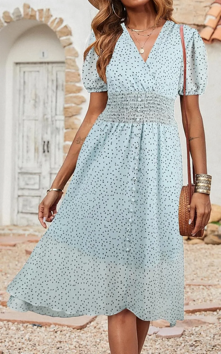 PRETTYGARDEN Women's Floral Wrap V-Neck Midi Dress Short Sleeve Boho Summer Beach Long Dress High Low Hem Smocked Dress Women