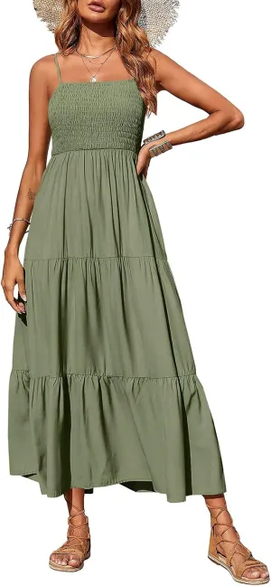 PRETTYGARDEN Women's Summer Maxi Dress 2025 Casual Boho Sleeveless Spaghetti Strap Smocked Tiered Long Beach Sundresses