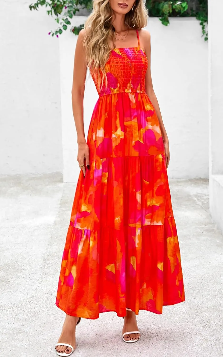 PRETTYGARDEN Women's Summer Maxi Dress 2025 Casual Boho Sleeveless Spaghetti Strap Smocked Tiered Long Beach Sundresses