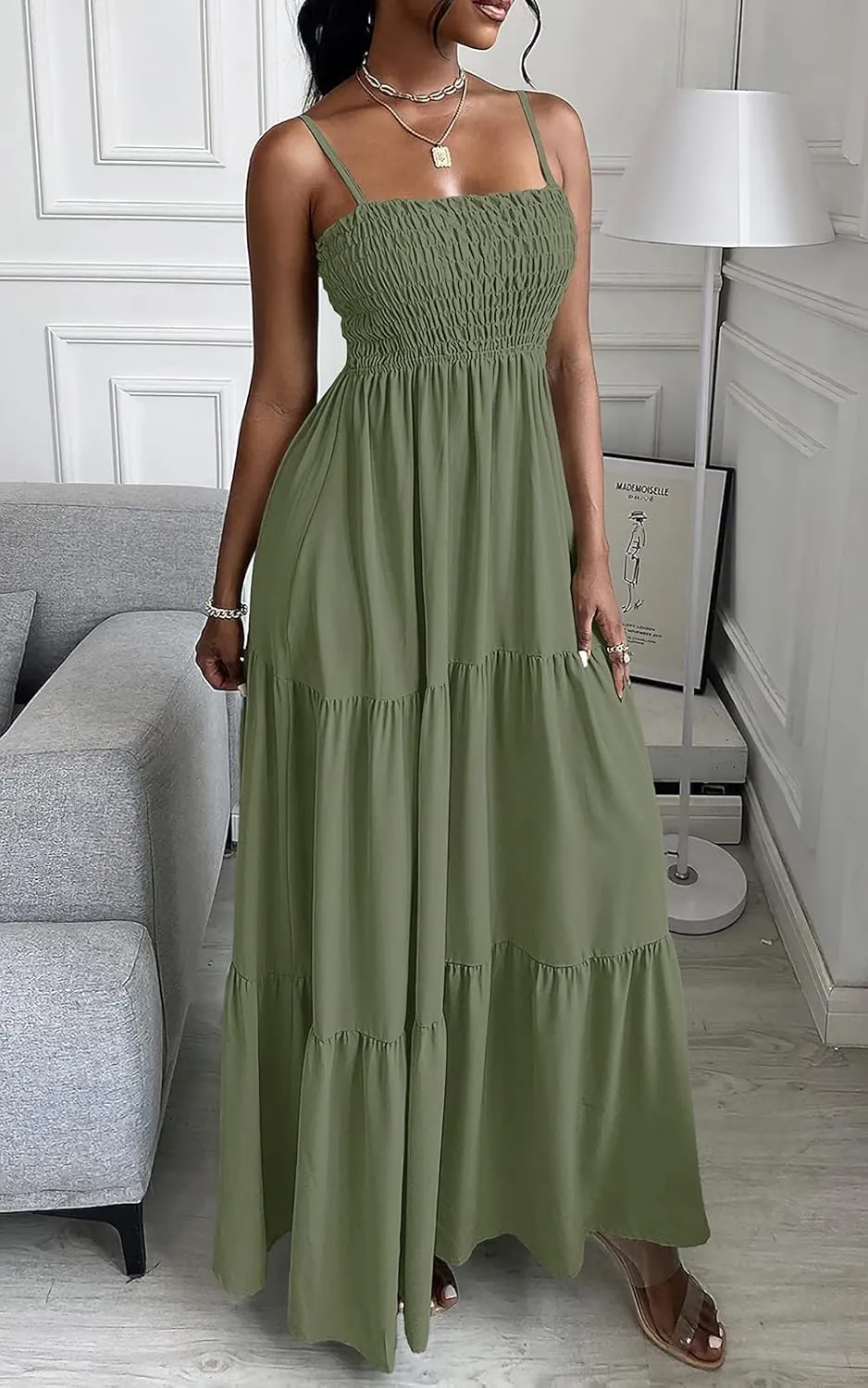 PRETTYGARDEN Women's Summer Maxi Dress 2025 Casual Boho Sleeveless Spaghetti Strap Smocked Tiered Long Beach Sundresses