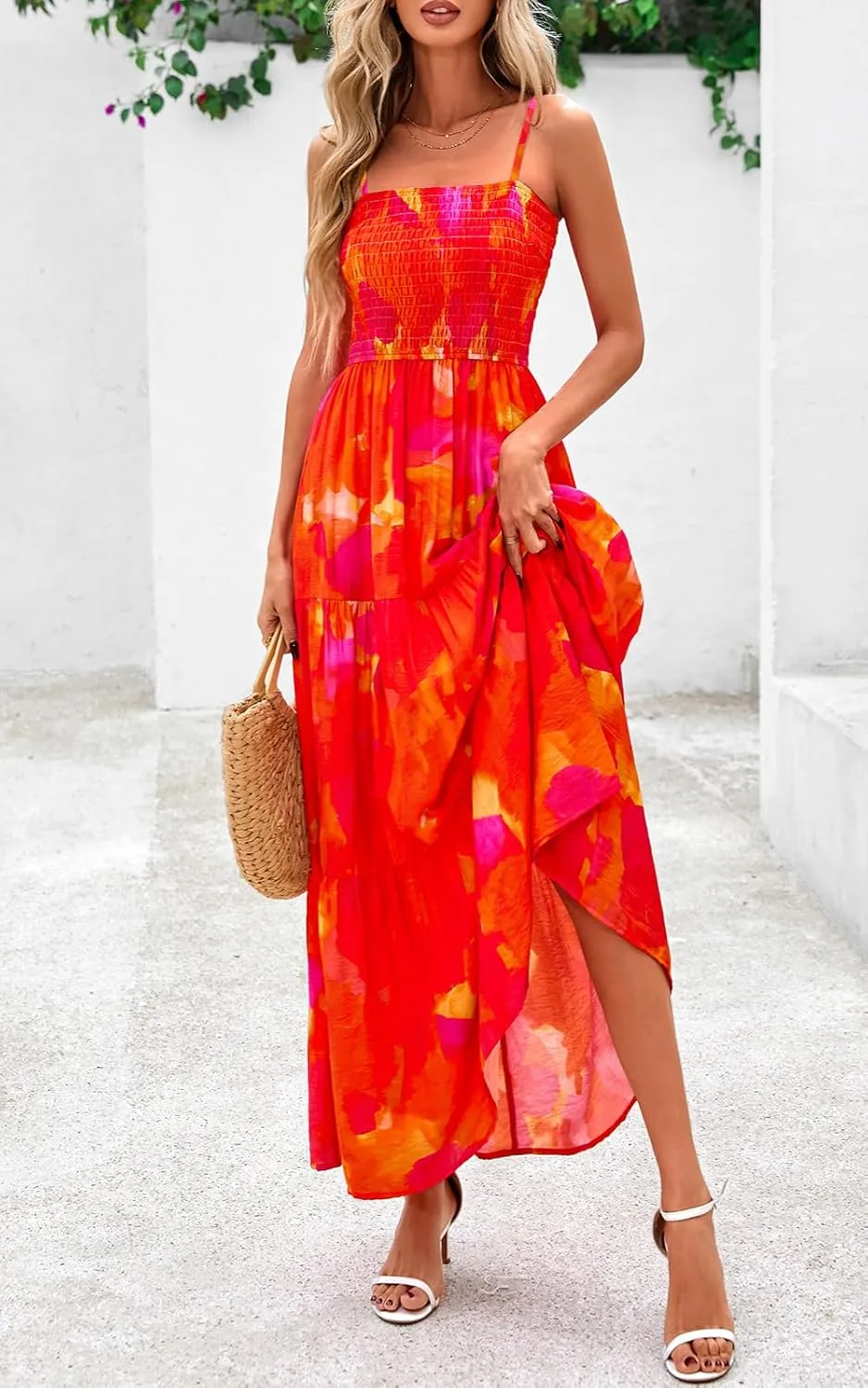 PRETTYGARDEN Women's Summer Maxi Dress 2025 Casual Boho Sleeveless Spaghetti Strap Smocked Tiered Long Beach Sundresses