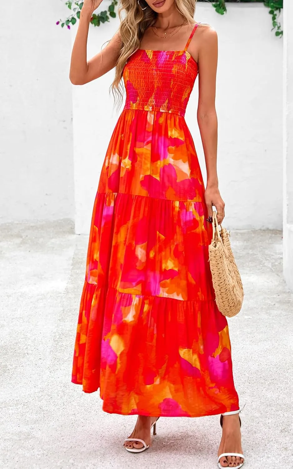 PRETTYGARDEN Women's Summer Maxi Dress 2025 Casual Boho Sleeveless Spaghetti Strap Smocked Tiered Long Beach Sundresses