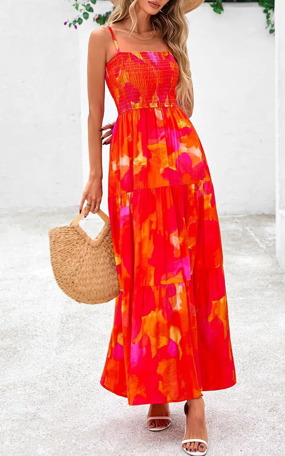 PRETTYGARDEN Women's Summer Maxi Dress 2025 Casual Boho Sleeveless Spaghetti Strap Smocked Tiered Long Beach Sundresses
