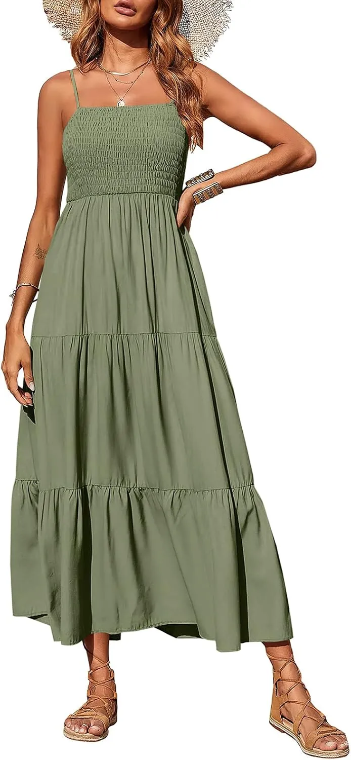 PRETTYGARDEN Women's Summer Maxi Dress 2025 Casual Boho Sleeveless Spaghetti Strap Smocked Tiered Long Beach Sundresses