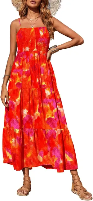 PRETTYGARDEN Women's Summer Maxi Dress 2025 Casual Boho Sleeveless Spaghetti Strap Smocked Tiered Long Beach Sundresses