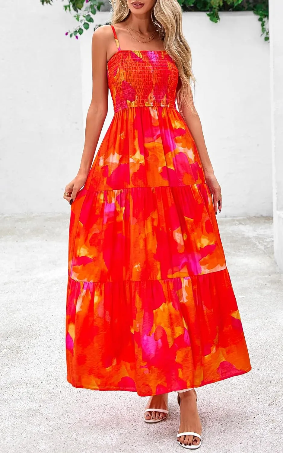 PRETTYGARDEN Women's Summer Maxi Dress 2025 Casual Boho Sleeveless Spaghetti Strap Smocked Tiered Long Beach Sundresses